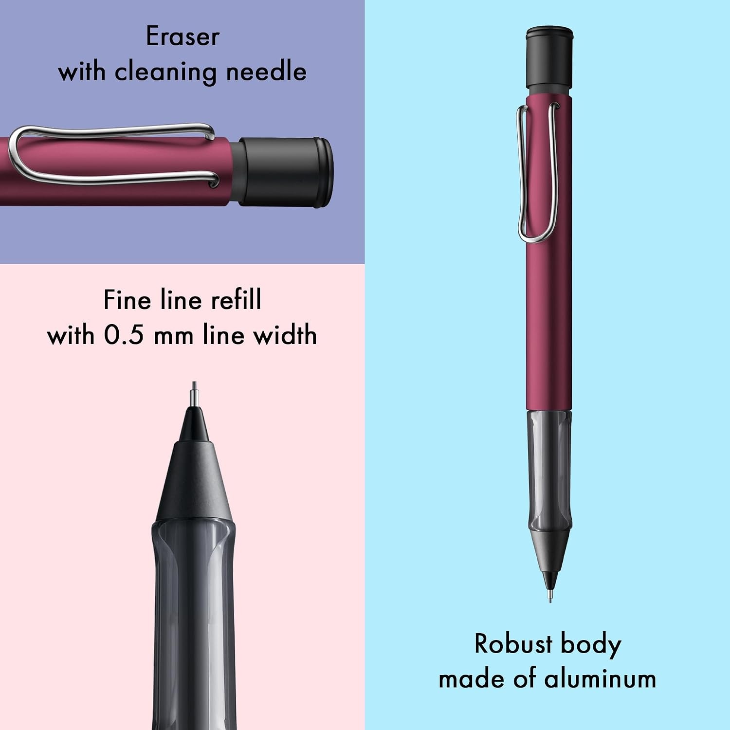 image:imageLAMY ALstar black Mechanical Pencil with transparent ergonomic grip amp lightweight aluminum body including LAMY M 41 fine line refill 05 mm amp eraser tipBlack Purple