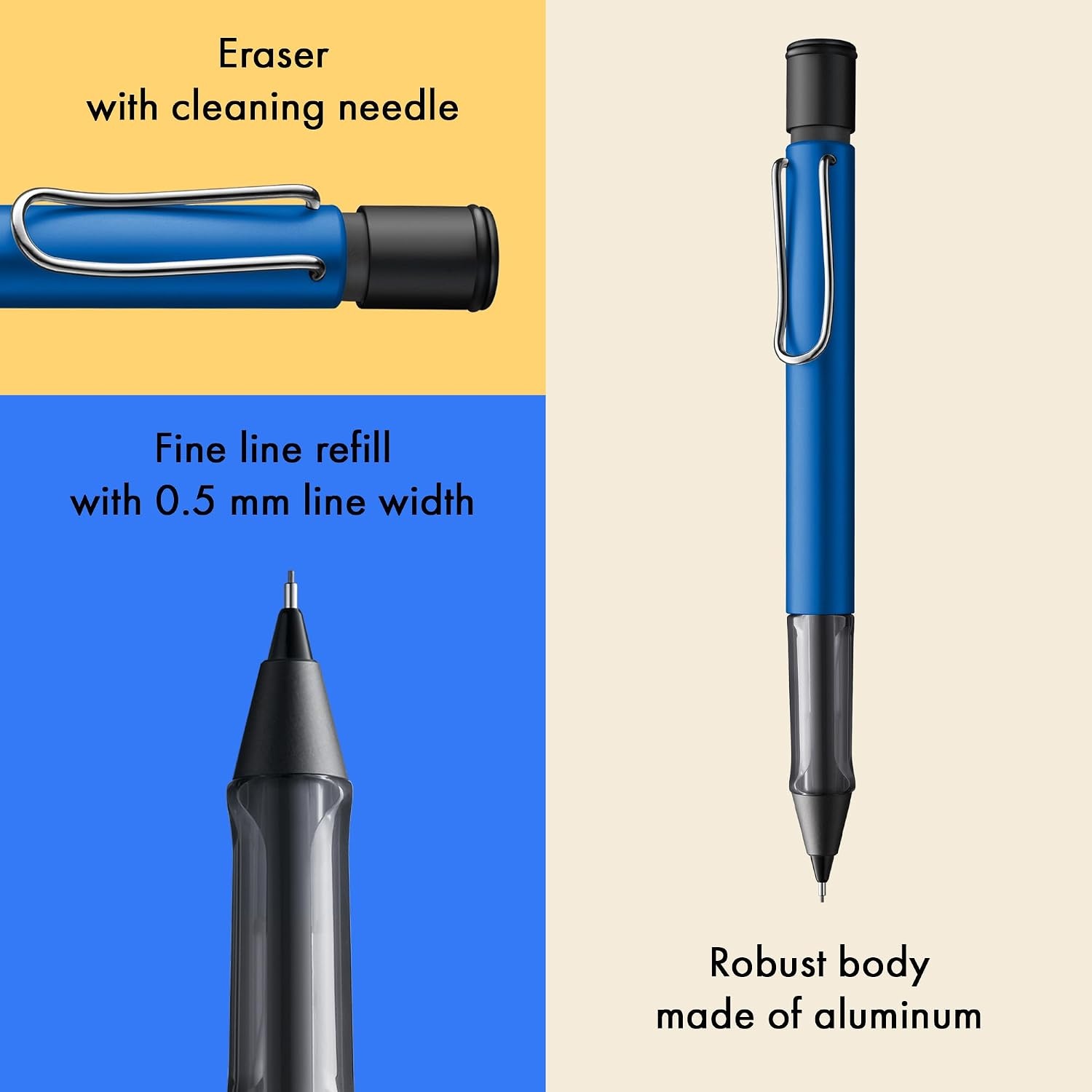 image:imageLAMY ALstar black Mechanical Pencil with transparent ergonomic grip amp lightweight aluminum body including LAMY M 41 fine line refill 05 mm amp eraser tipOcean blue