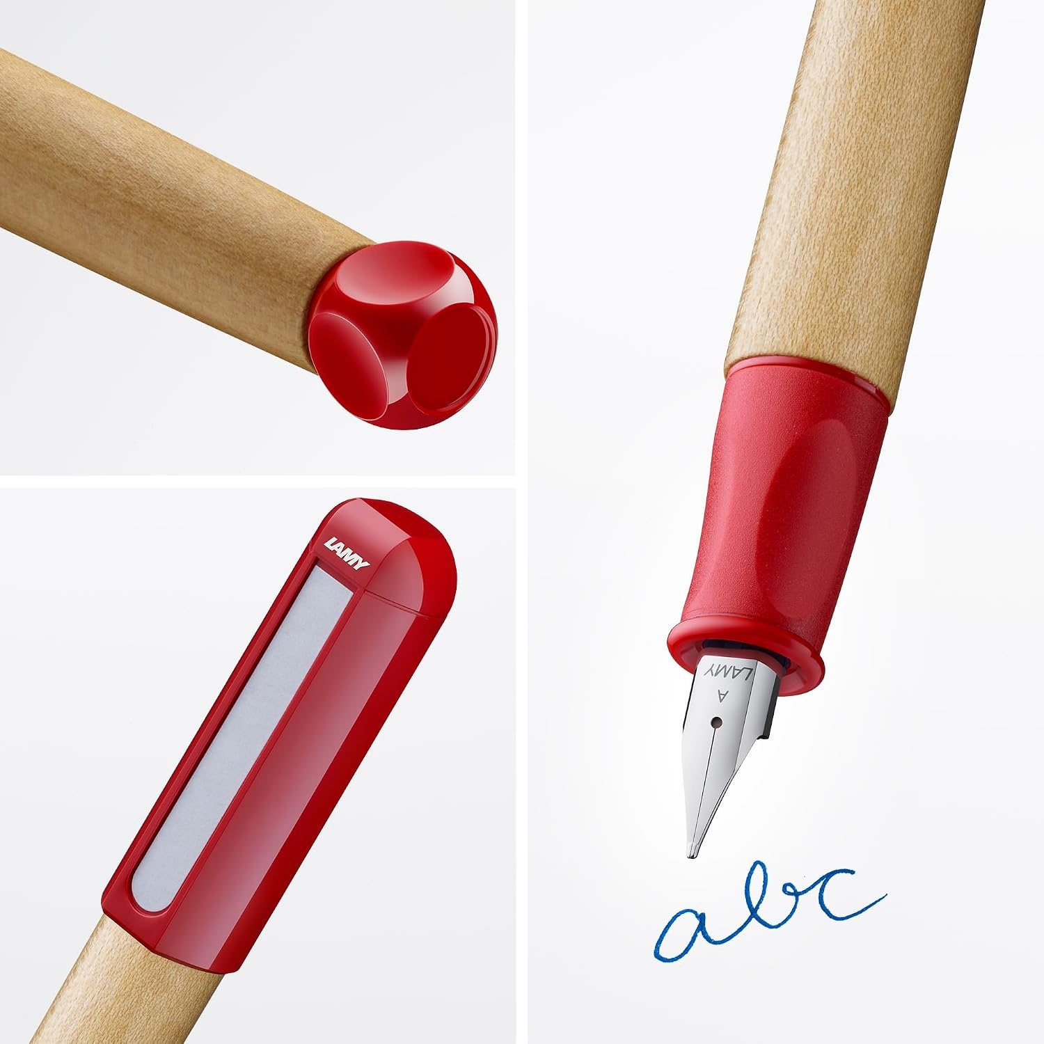 image:imageLAMY abc blue childfriendly Fountain Pen for writing beginners with ergonomic grip amp polished steel nib in size A robust maple wood including LAMY T 10 blue ink cartridge RightHandedRed
