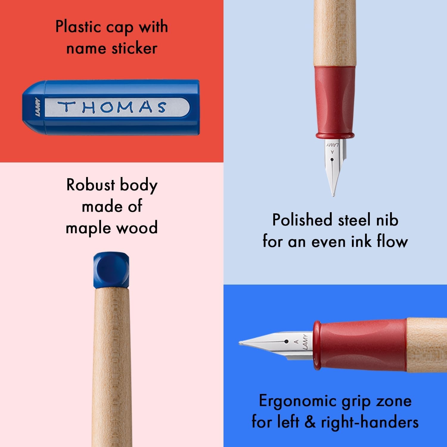 image:imageLAMY abc blue childfriendly Fountain Pen for writing beginners with ergonomic grip amp polished steel nib in size A robust maple wood including LAMY T 10 blue ink cartridge RightHandedBlue