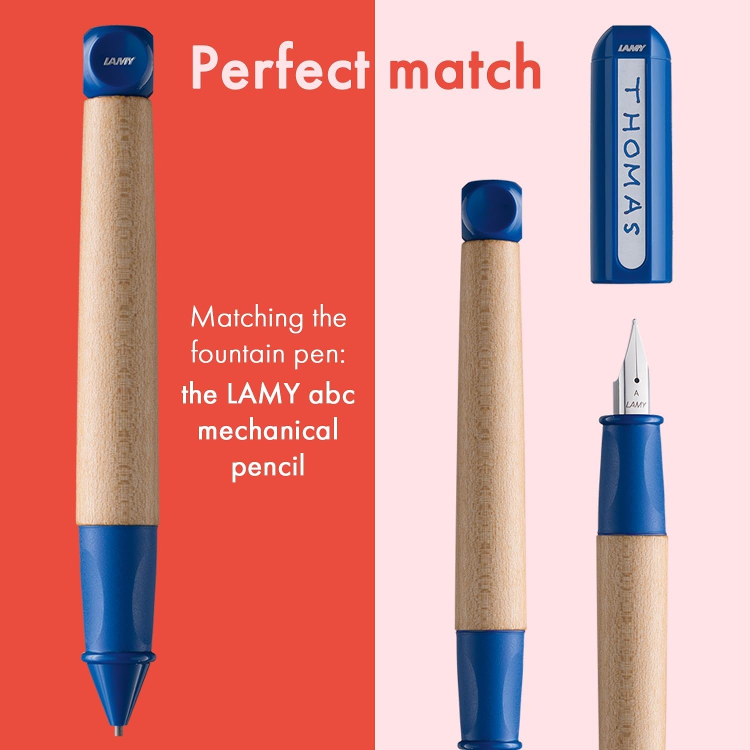image:imageLAMY abc blue childfriendly Fountain Pen for writing beginners with ergonomic grip amp polished steel nib in size A robust maple wood including LAMY T 10 blue ink cartridge RightHandedBlue