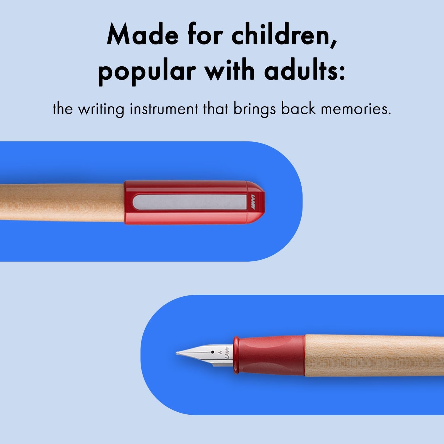 image:imageLAMY abc red childfriendly Fountain Pen for writing beginners with ergonomic grip amp polished steel nib in size A robust maple wood including LAMY T 10 blue ink cartridge RightHandedRed