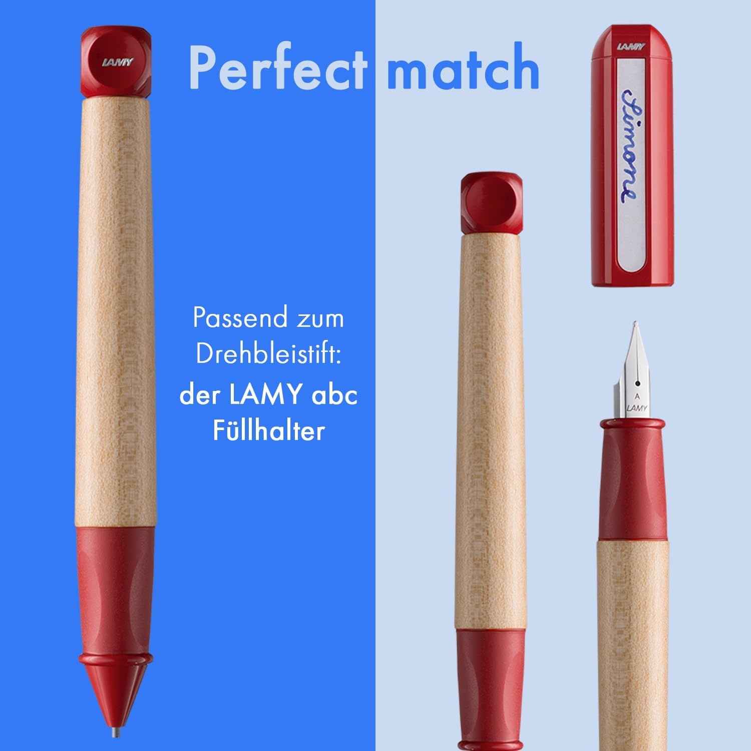 image:imageLAMY abc red childfriendly Mechanical Pencil for writing beginners with ergonomic grip amp robust maple wood including LAMY M 44 fine line refill 14 mmRed