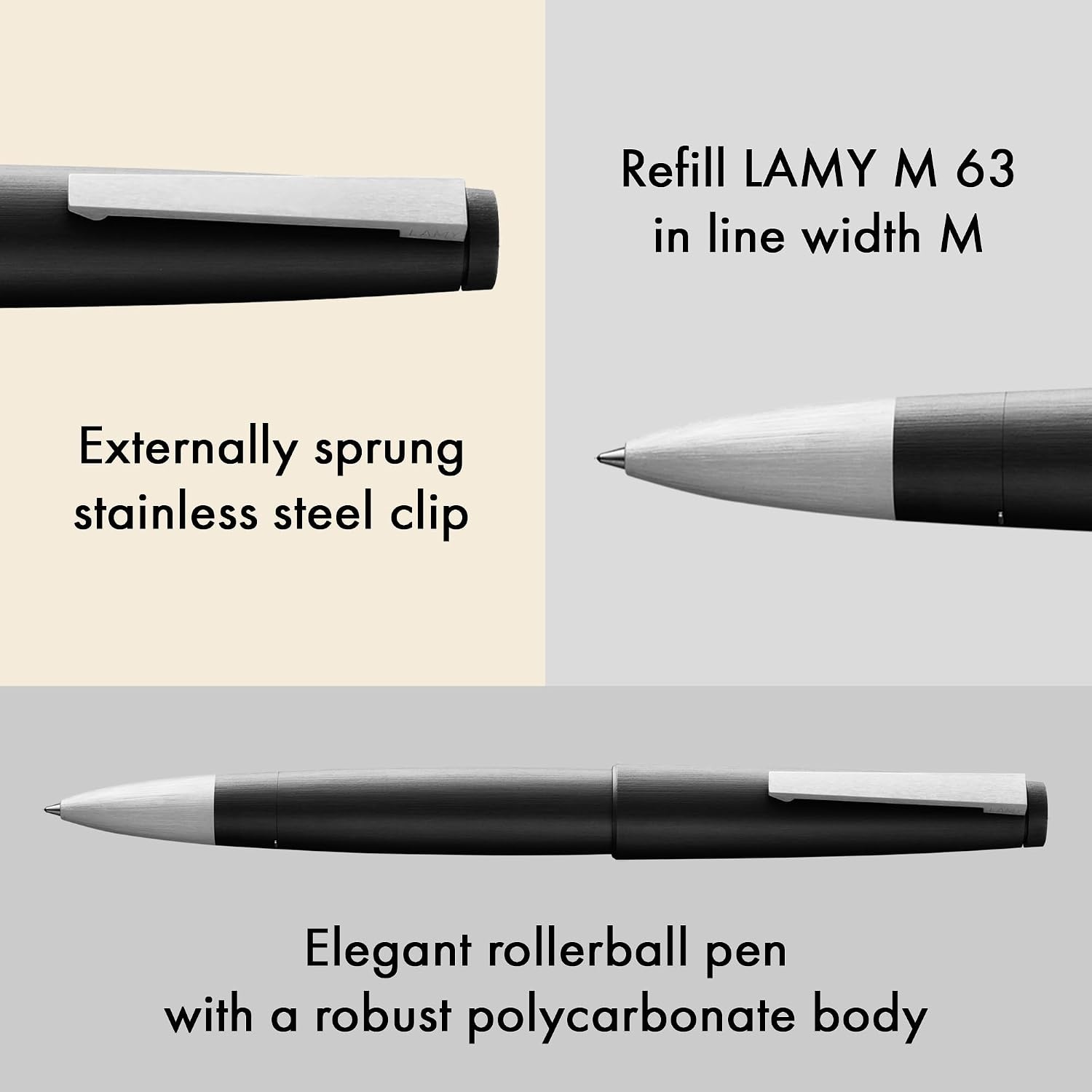 image:imageLamy 2000 black elegant rollerball pen in robust fibreglass barrel perfectly balanced amp in line width M M 63 rollerball refill in blackblack