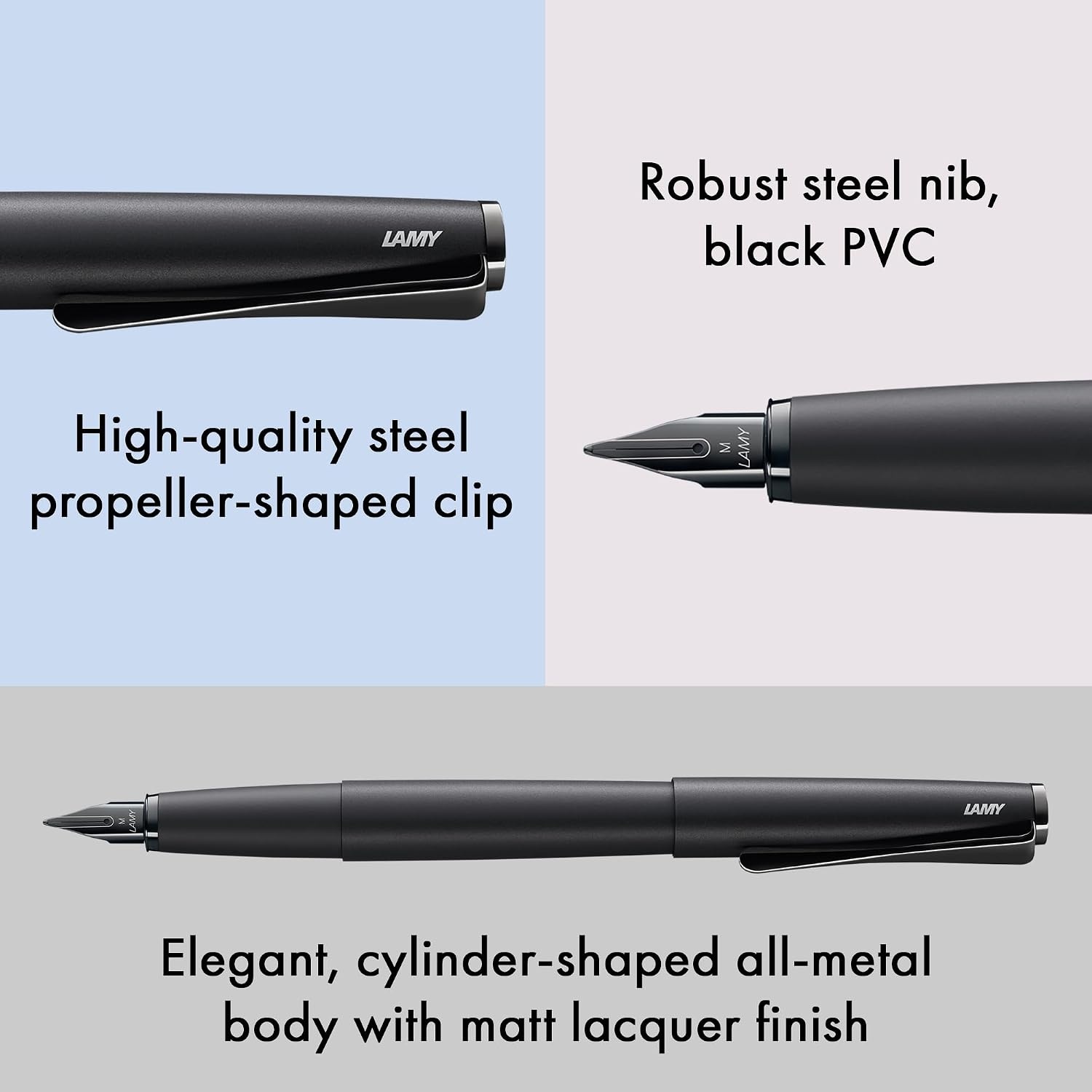 image:imageLamy studio black Fountain Pen in elegant metal body steel nib partially platinumplated amp in nib size M incl T 10 blue ink cartridgelxallblack