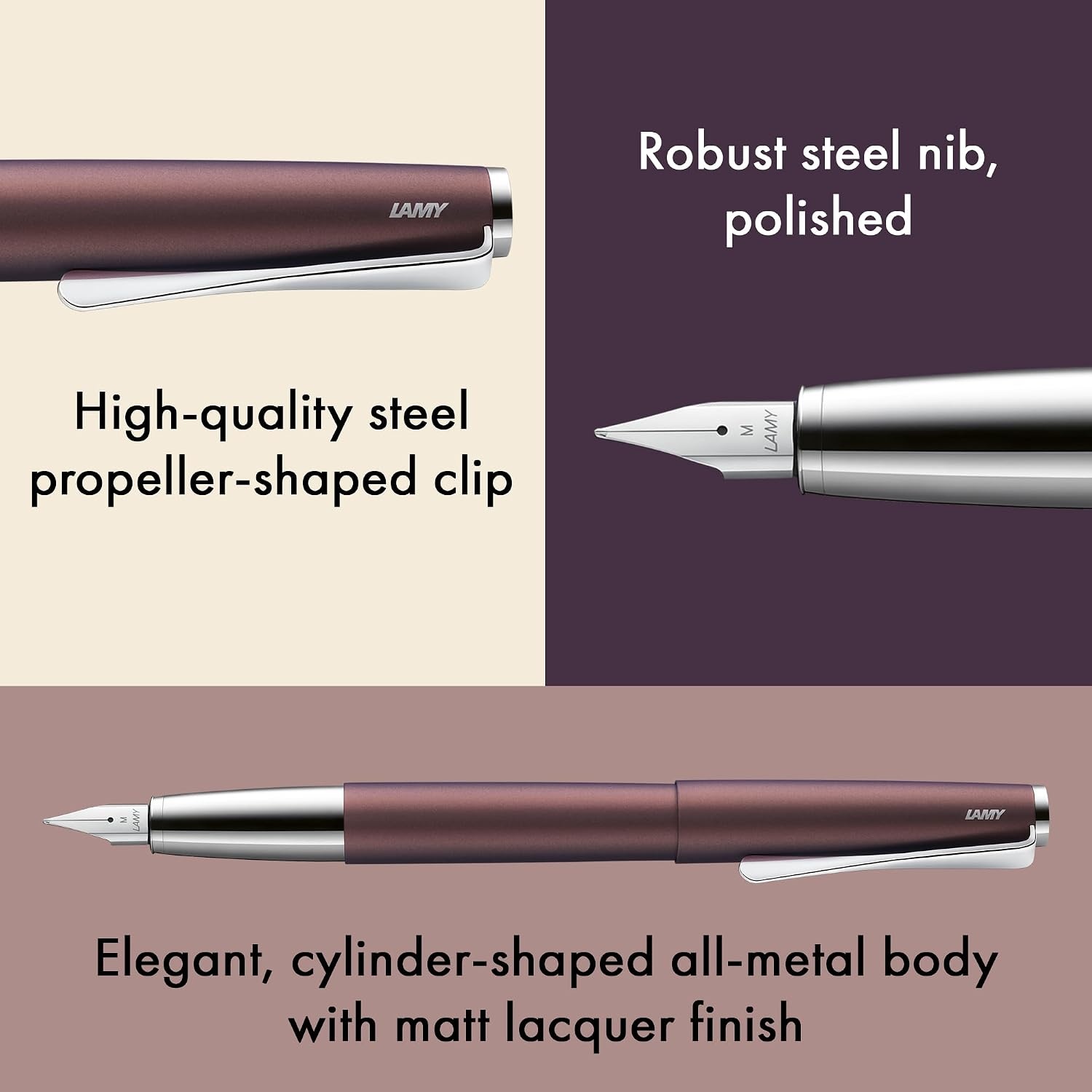 image:imageLamy studio black Fountain Pen in elegant metal body steel nib partially platinumplated amp in nib size M incl T 10 blue ink cartridgeorion matt