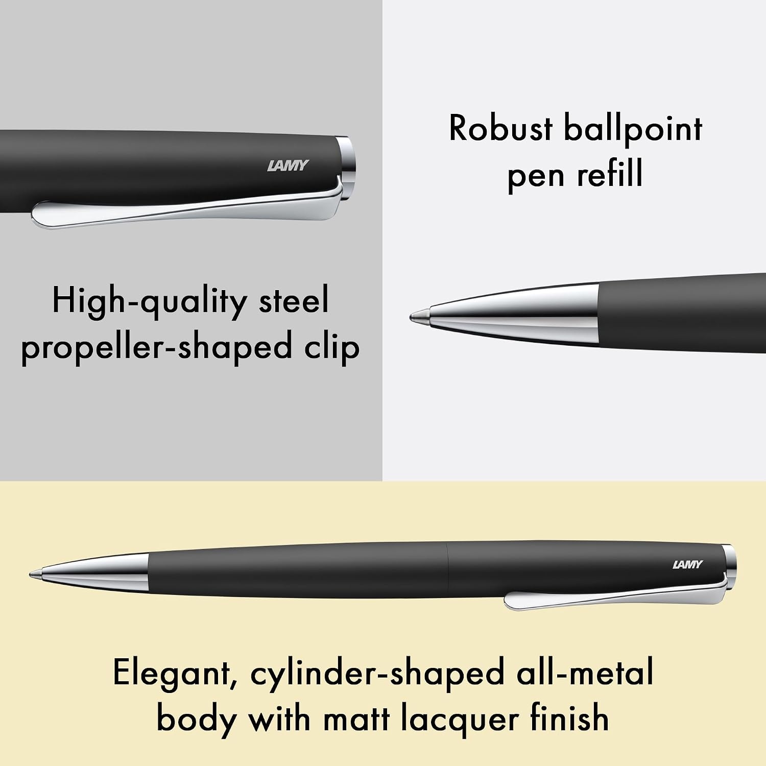 image:imageLamy studio black ballpoint pen in elegant stainless steel casing with propellershaped clip incl giant refill M 16 in line width M in blackblack