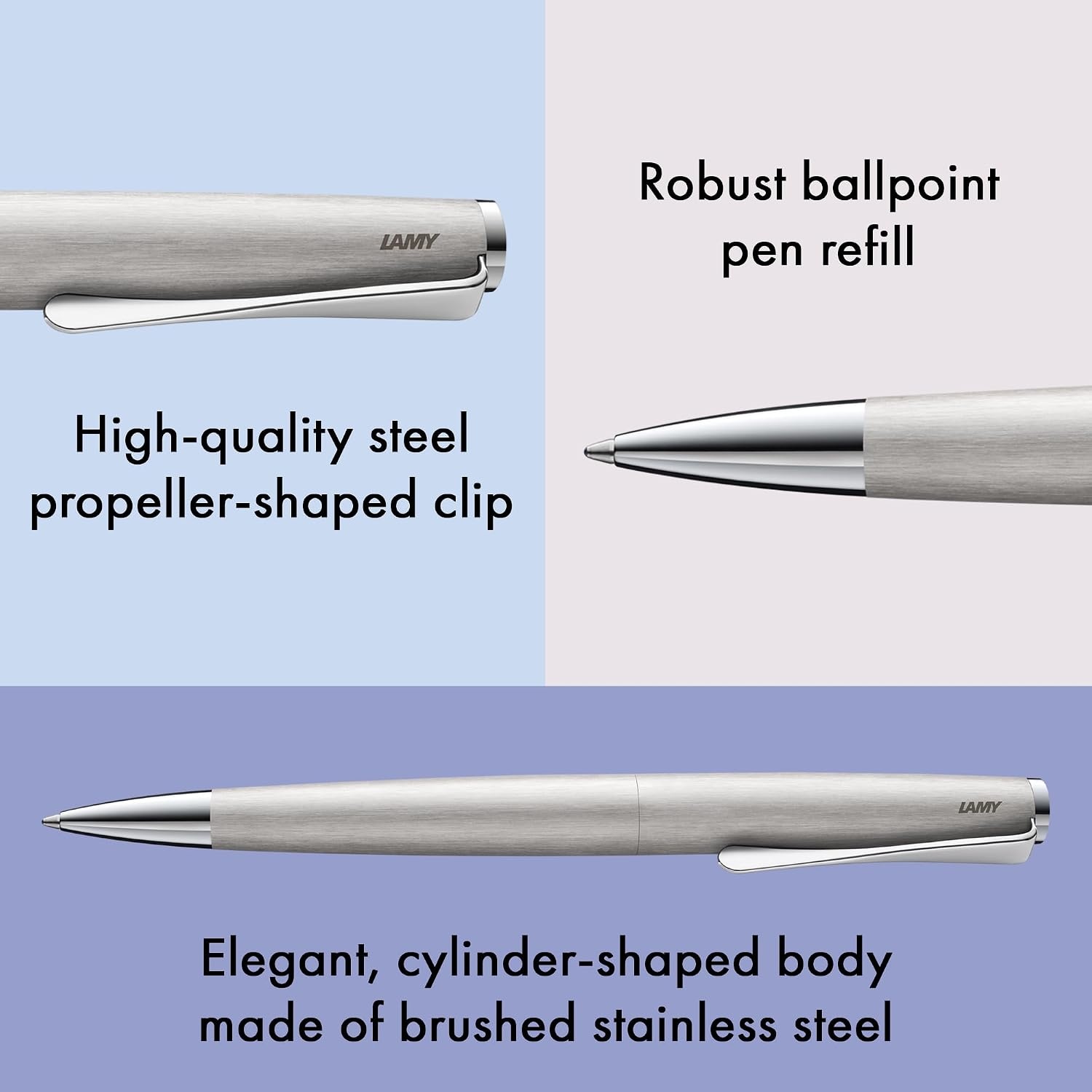 image:imageLamy studio black ballpoint pen in elegant stainless steel casing with propellershaped clip incl giant refill M 16 in line width M in blackbrushed