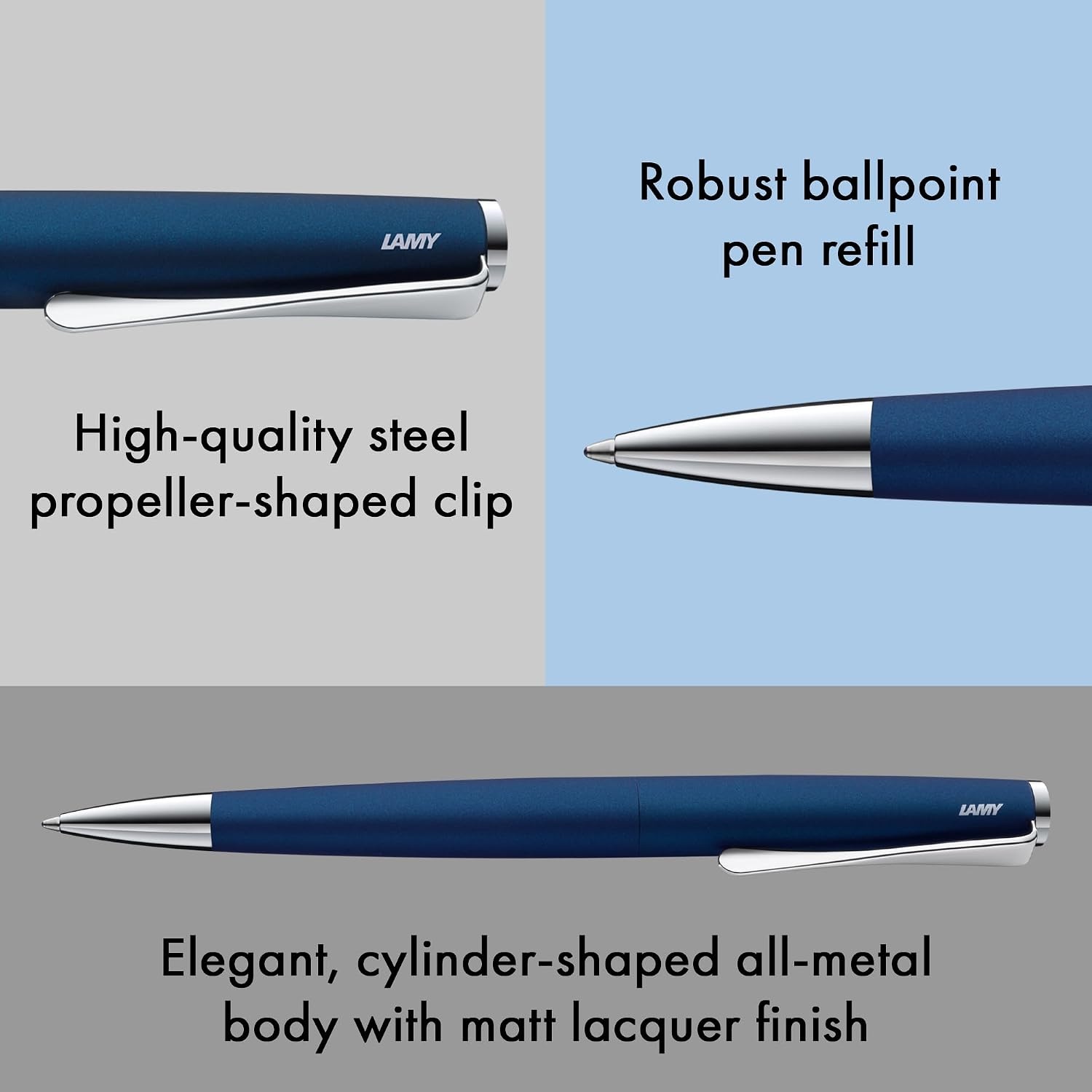 image:imageLamy studio black ballpoint pen in elegant stainless steel casing with propellershaped clip incl giant refill M 16 in line width M in blackimperialblue