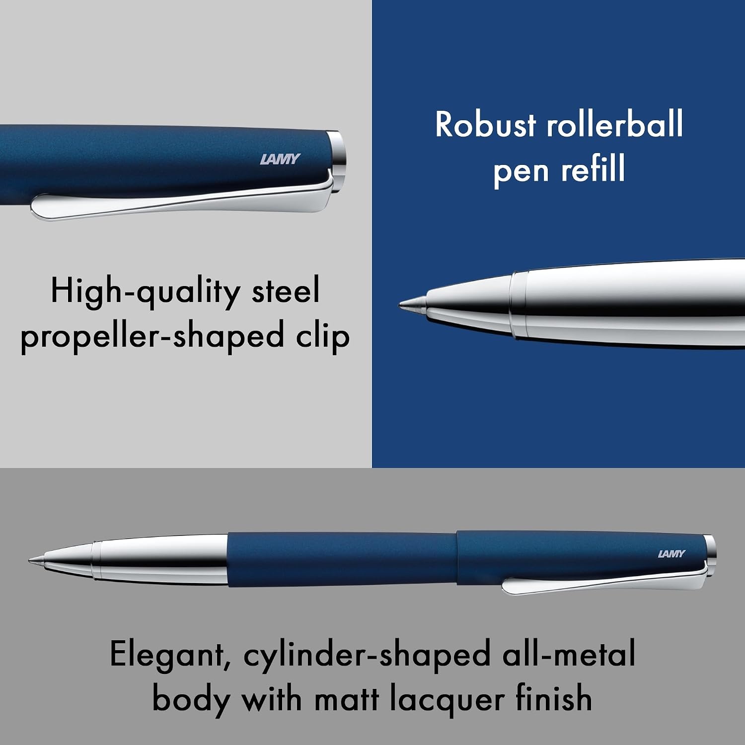 image:imageLamy studio imperialblue rollerball pen in elegant metal barrel with propellershaped clip amp in line width M M 63 rollerball refill in blackimperialblue