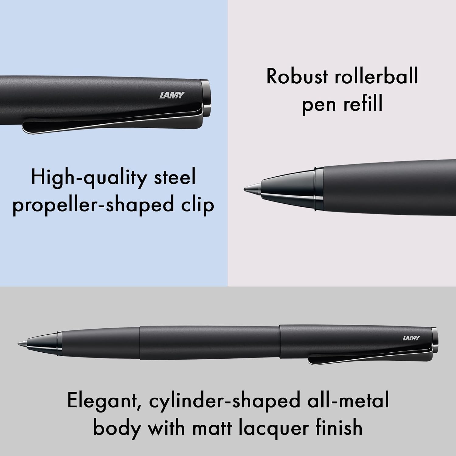 image:imageLamy studio imperialblue rollerball pen in elegant metal barrel with propellershaped clip amp in line width M M 63 rollerball refill in blacklxallblack