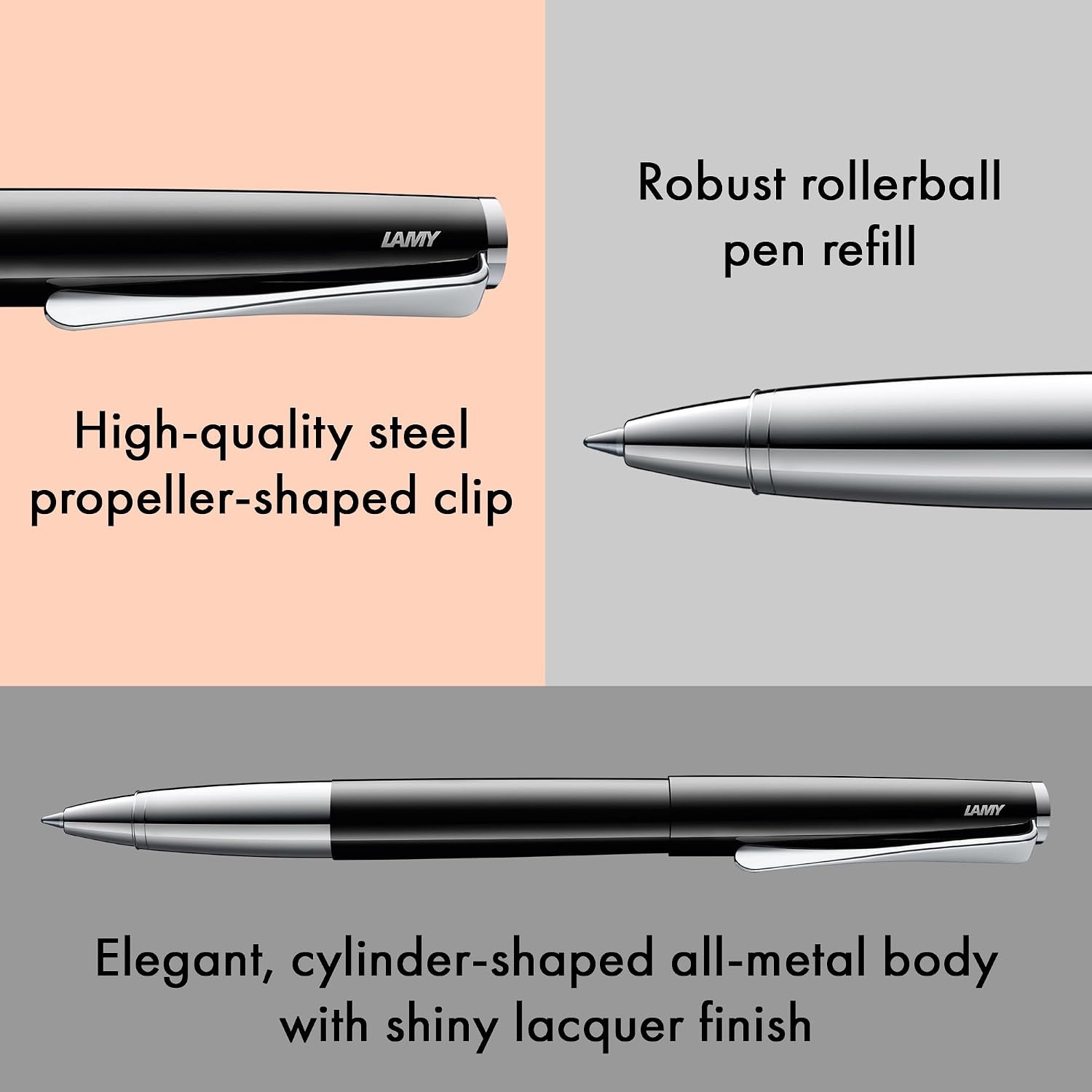 image:imageLamy studio imperialblue rollerball pen in elegant metal barrel with propellershaped clip amp in line width M M 63 rollerball refill in blackpianoblack