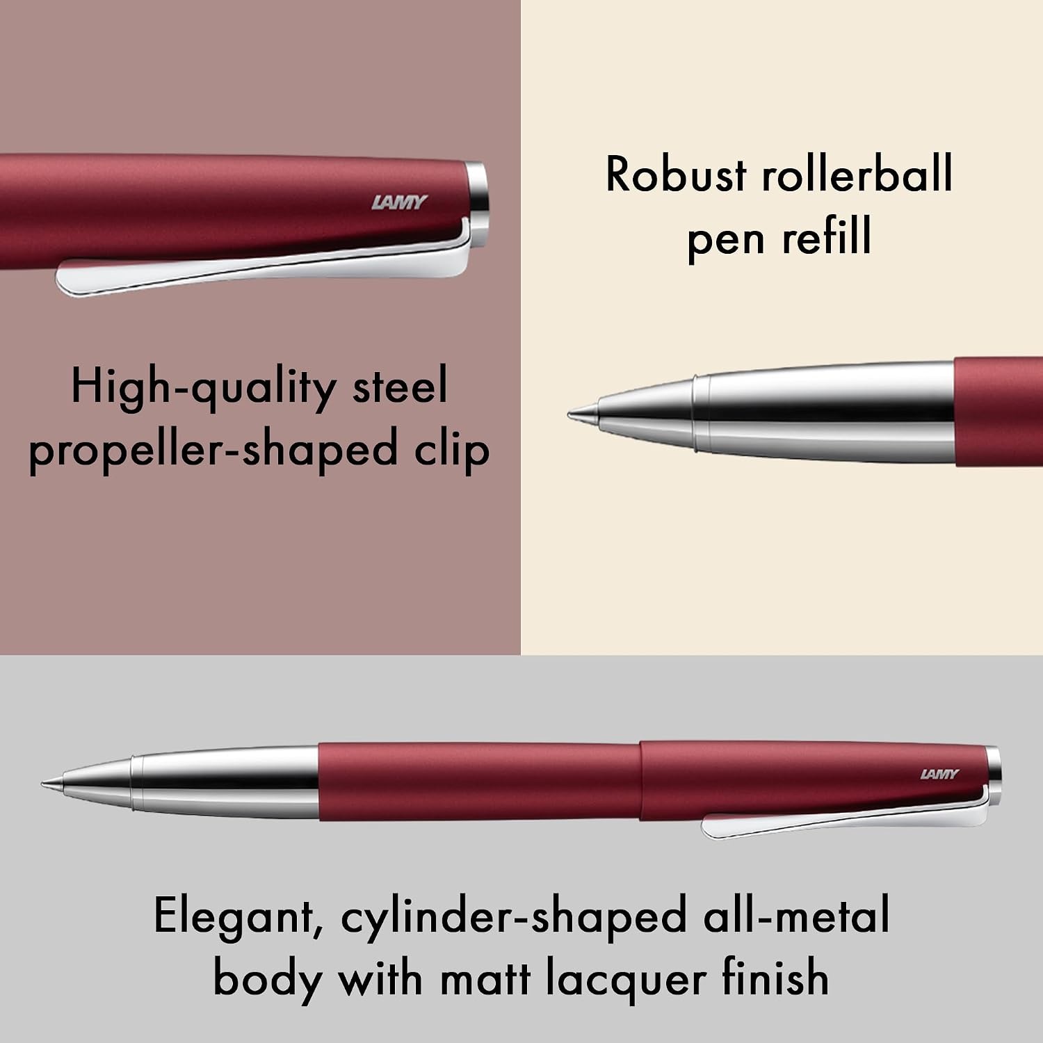 image:imageLamy studio imperialblue rollerball pen in elegant metal barrel with propellershaped clip amp in line width M M 63 rollerball refill in blackroyalred