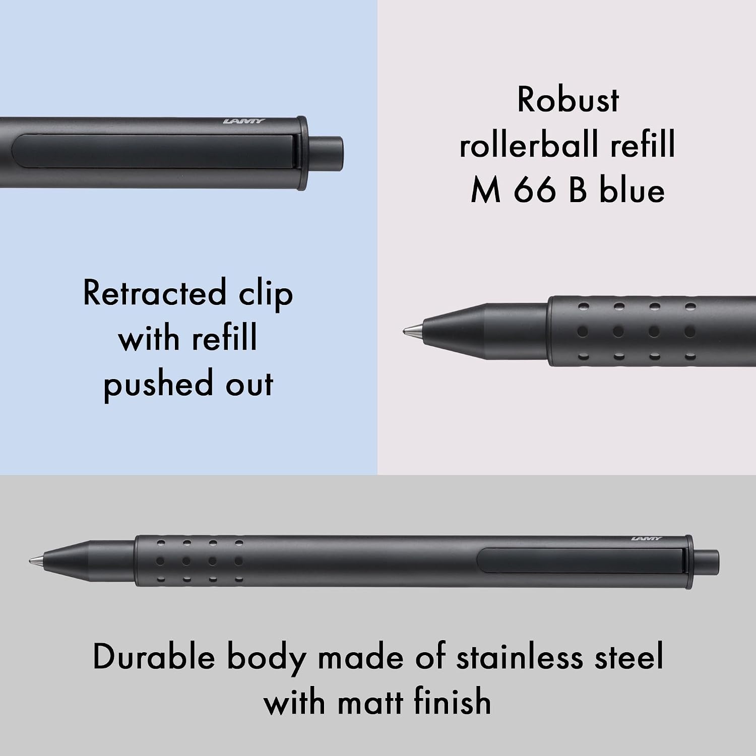 image:imageLamy swift anthracite modest rollerball pen with a smooth writing experience robust metal casing amp line width B M 66 rollerball refill in blueMatte Black