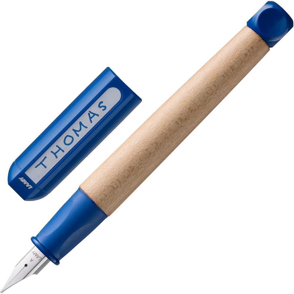 image:imageLAMY abc blue  childfriendly Fountain Pen for writing beginners with ergonomic grip amp polished steel nib in size A  robust maple wood  including LAMY T 10 blue ink cartridge  RightHandedBlue