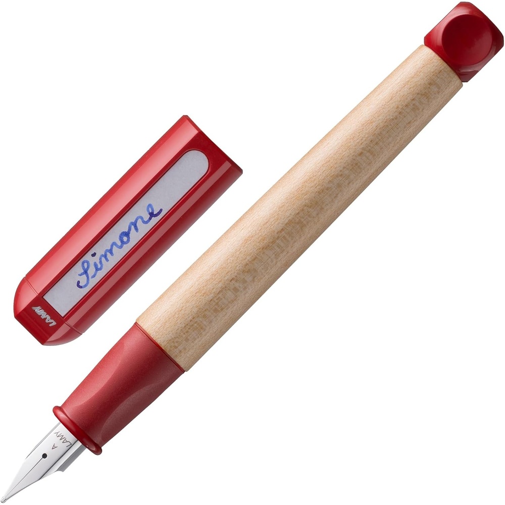 image:imageLAMY abc red childfriendly Fountain Pen for writing beginners with ergonomic grip amp polished steel nib in size A robust maple wood including LAMY T 10 blue ink cartridge RightHandedRed