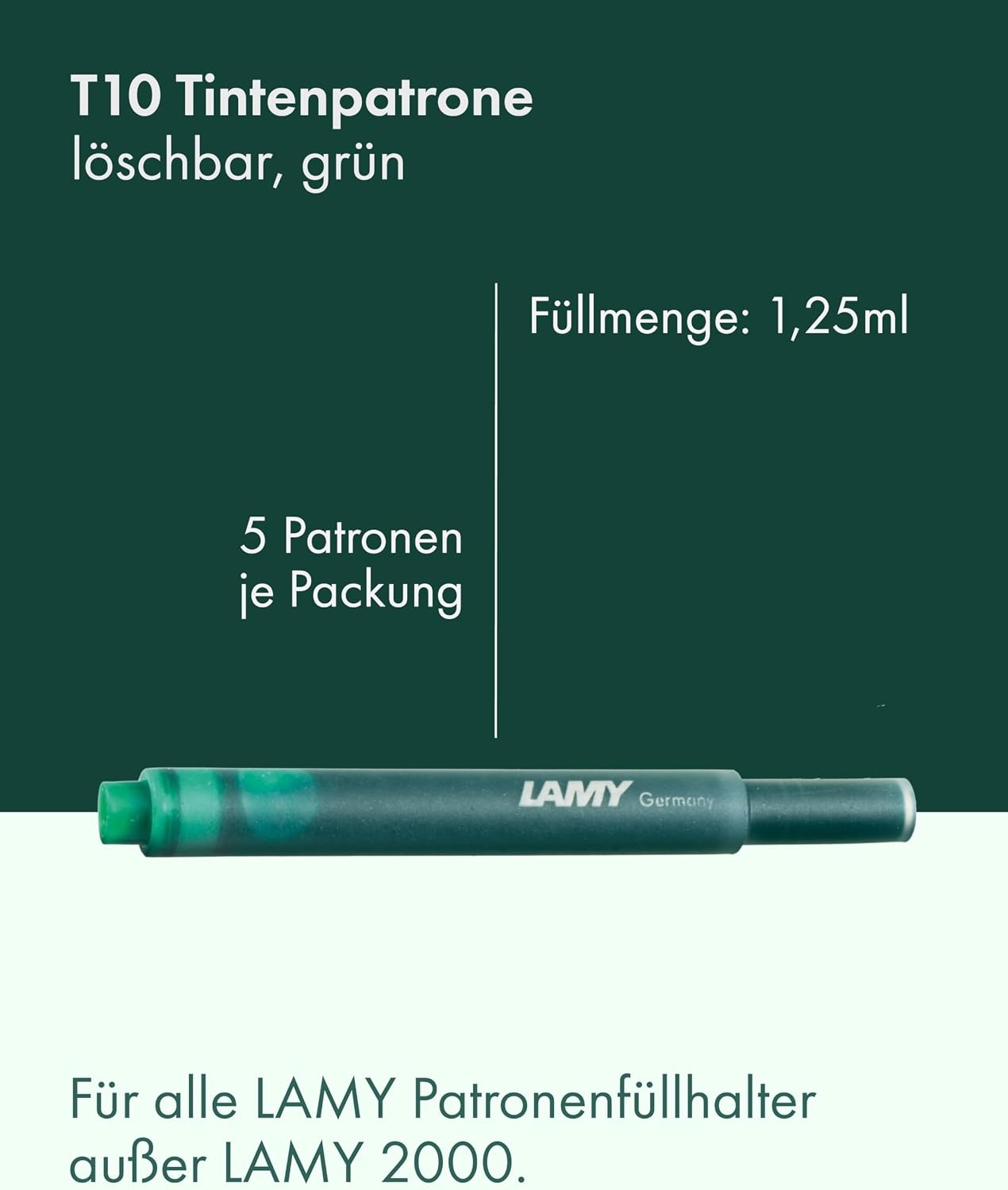 image:imageLAMY T10 Ink cartridges with Large Ink Capacity Suitable for All Lamy Fountain Pen Models Contents 125 ml per Cartridge 5 Pieces per Pack Ink Color Violetgreen