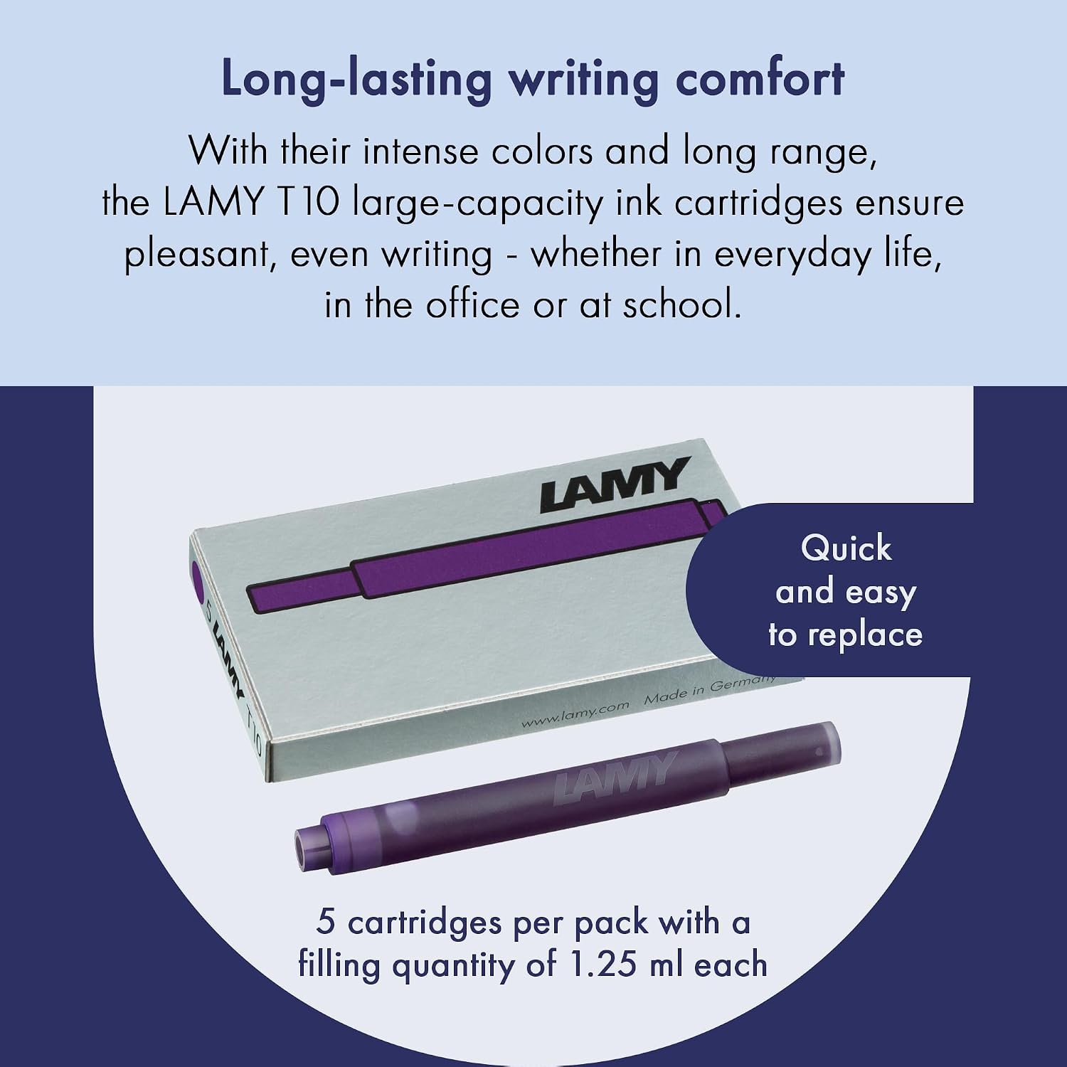 image:imageLAMY T10 Ink cartridges with Large Ink Capacity Suitable for All Lamy Fountain Pen Models Contents 125 ml per Cartridge 5 Pieces per Pack Ink Color VioletPlastic
