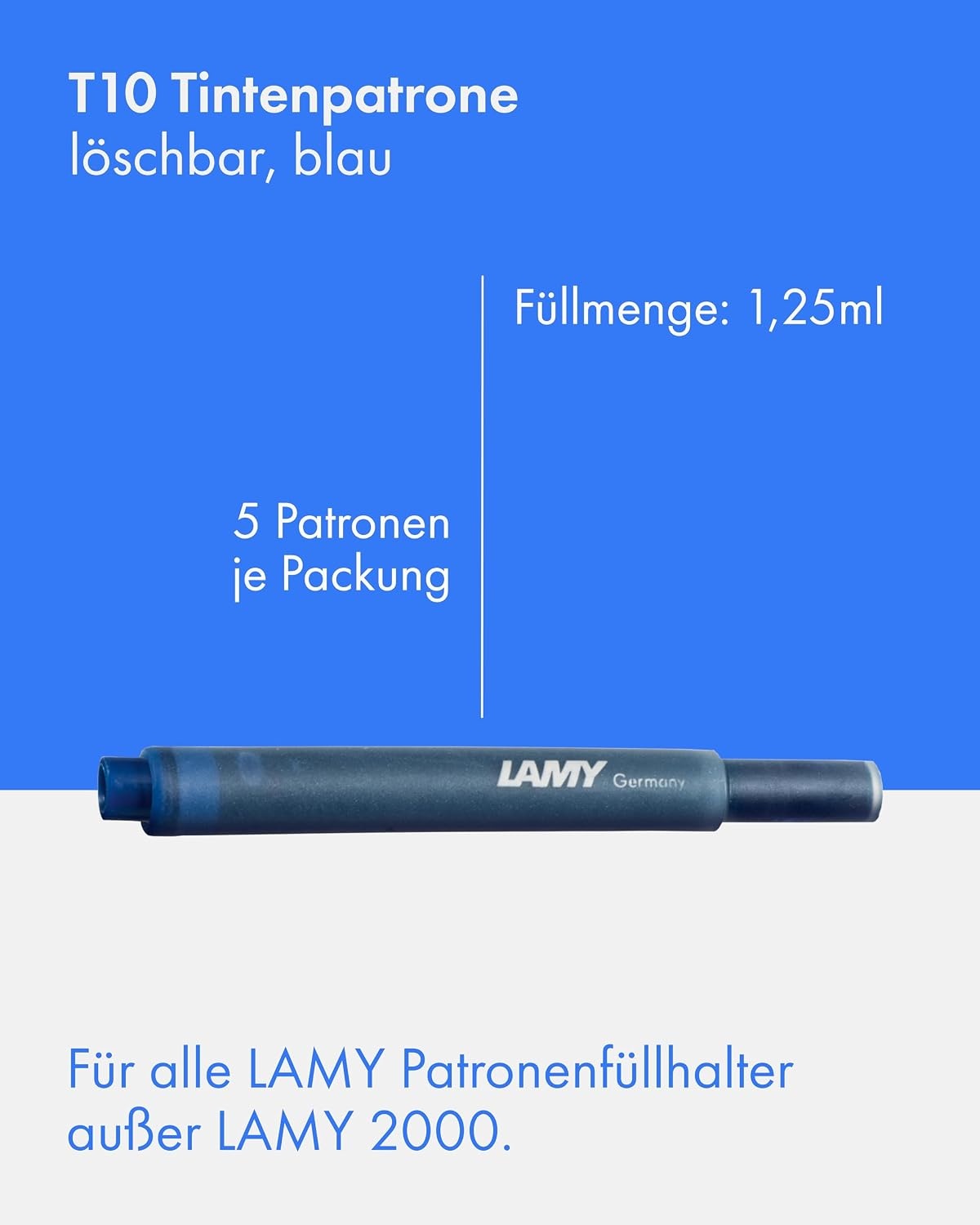 image:imageLAMY T10 Ink cartridges with Large Ink Capacity Suitable for All Lamy Fountain Pen Models Contents 125 ml per Cartridge 5 Pieces per Pack Ink Color Violetblue