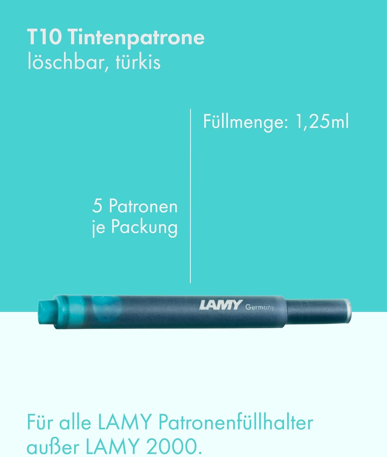 image:imageLAMY T10 Ink cartridges with Large Ink Capacity Suitable for All Lamy Fountain Pen Models Contents 125 ml per Cartridge 5 Pieces per Pack Ink Color Violetturquoise