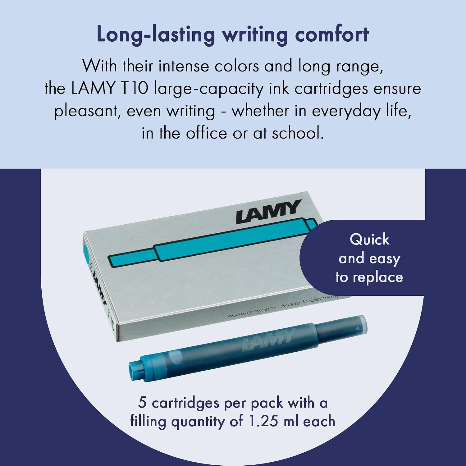image:imageLAMY T10 Ink cartridges with Large Ink Capacity Suitable for All Lamy Fountain Pen Models Contents 125 ml per Cartridge 5 Pieces per Pack Ink Color Violetturquoise