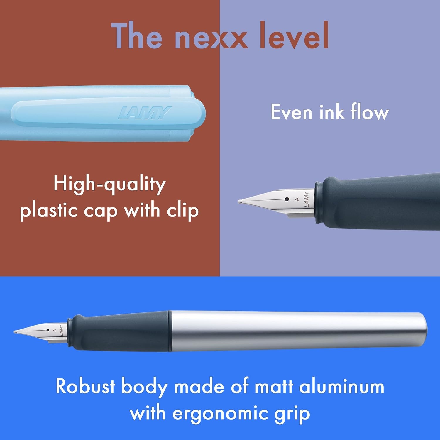 image:imageLAMY nexx blue Fountain Pen with slipproof grip amp polished steel nib in size M triangular aluminum body including LAMY T 10 blue cartridge RightHandedazure