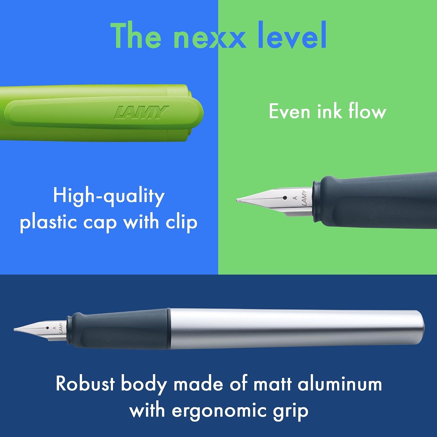 image:imageLAMY nexx blue Fountain Pen with slipproof grip amp polished steel nib in size M triangular aluminum body including LAMY T 10 blue cartridge RightHandedlime