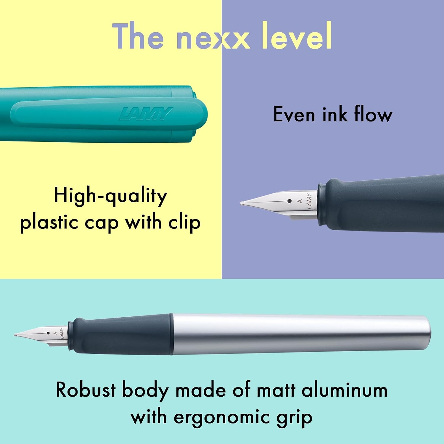image:imageLAMY nexx blue Fountain Pen with slipproof grip amp polished steel nib in size M triangular aluminum body including LAMY T 10 blue cartridge RightHandedsmaragd