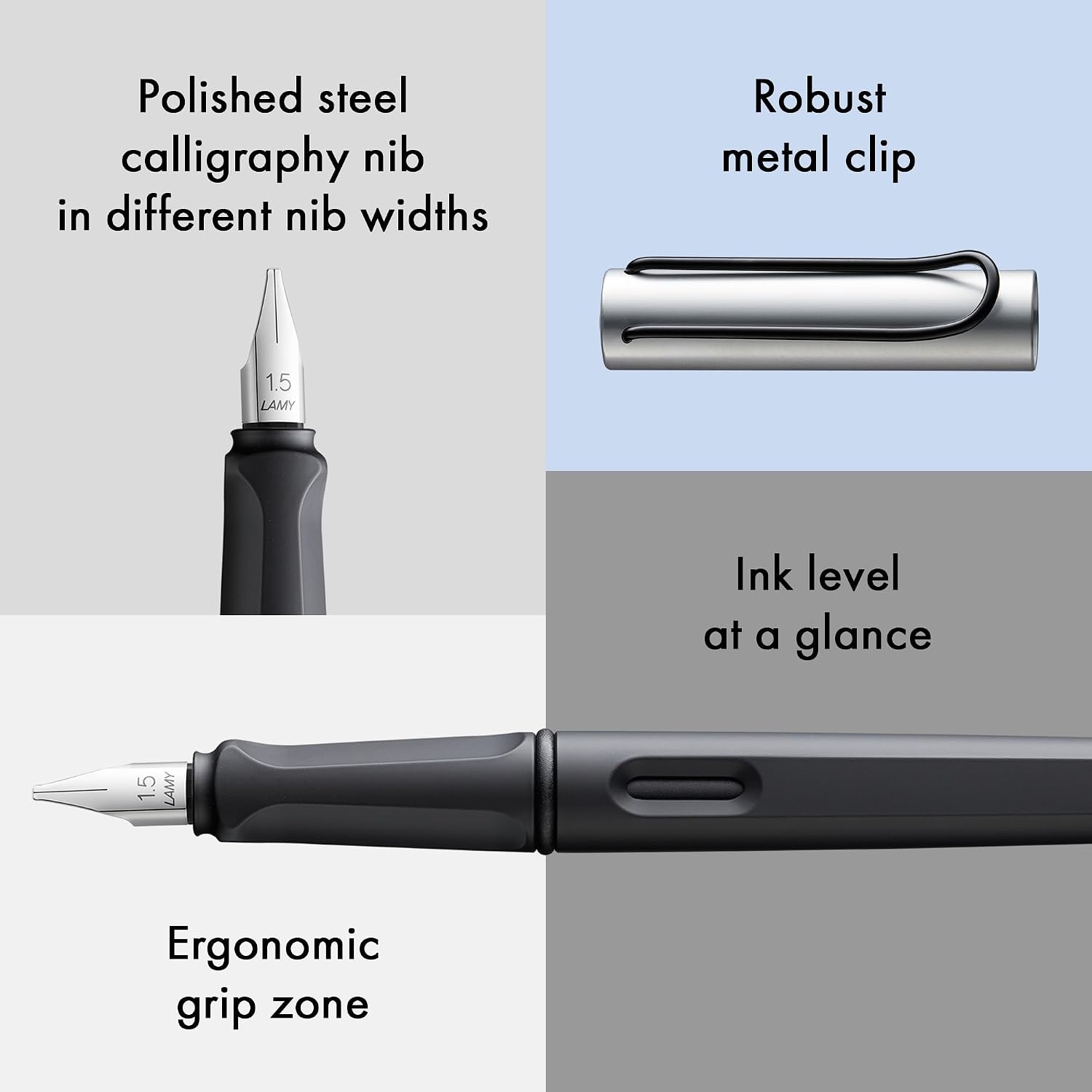 image:imageLamy joy AL calligraphy fountain pen with ergonomic grip amp polished steel nib in line width 15 mm Calligraphy Fountain Pen with ribbon nib incl ink cartridge T 10 blueAL