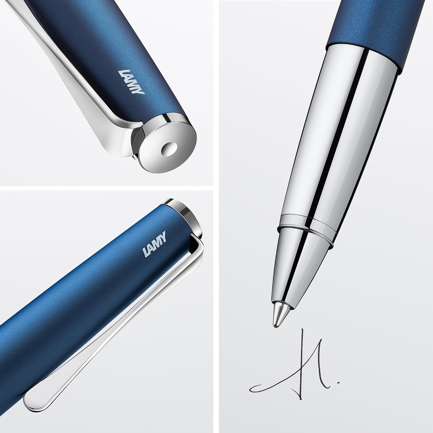 image:imageLamy studio brushed rollerball pen in elegant metal barrel with propellershaped clip amp in line width M M 63 rollerball refill in blackimperialblue